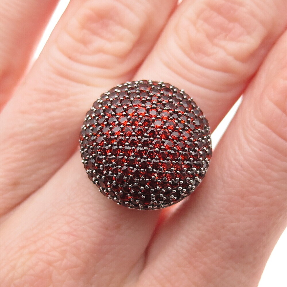 925 Sterling Silver Real Round-Cut Red Garnet Dome Ring Size 7.25